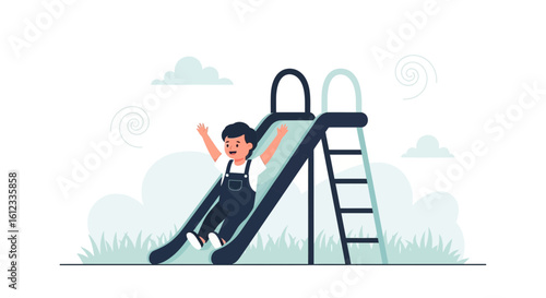 Enthusiastic Youngster Delighting In Playful Slide Ride At The Playground