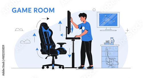 Ergonomic game room setup illustration featuring adjustable chair and desk for healthy posture