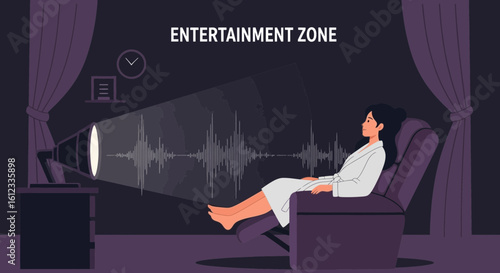 Evening Relaxation Woman Indulging In Audio Experience With Visual Waveform Display
