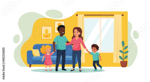 Happy family in their living room, perfect for family blogs, websites, and brochures.