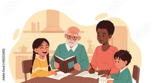 Multigenerational family studying together at home; perfect for education, family, and togetherness concepts.
