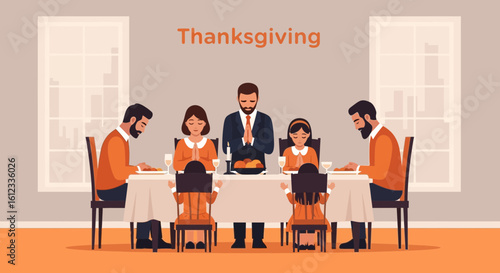 Happy Family Gathered Together for Thanksgiving Dinner Praying Around Table