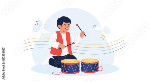Excited Boy Playing Drums And Creating Music With Energy And Enthusiasm