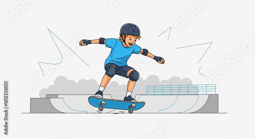 Excited Boy Practicing Skateboarding Skills at Skatepark Ramp Outdoors