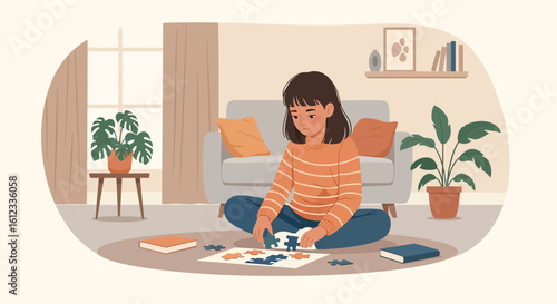 Girl Doing Jigsaw Puzzle In The Living Room During Her Leisure Time