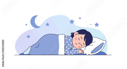 Girl Dreaming Peacefully Underneath Night Sky With Crescent Moon Illustration