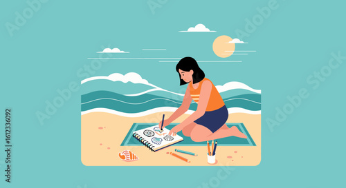 Girl Drawing Seashells On The Beach Vacation By The Ocean Scene Artwork
