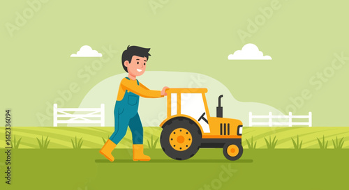 Happy Farmer Pushing Tractor In Green Meadow Agricultural Landscape