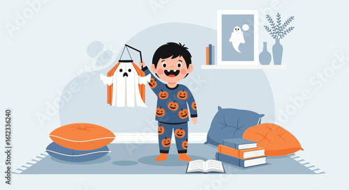 Excited Little Boy In Halloween Pajamas Celebrating Holding Handmade Ghost