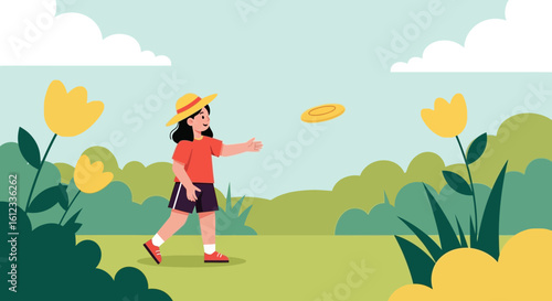 Happy Girl Playing Frisbee In Summer Landscape Outdoor Activity