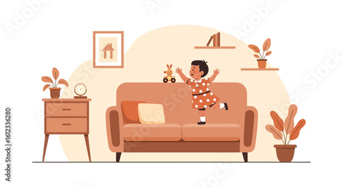 Excited Little Girl Playing On Sofa At Home Full Of Joy And Happiness