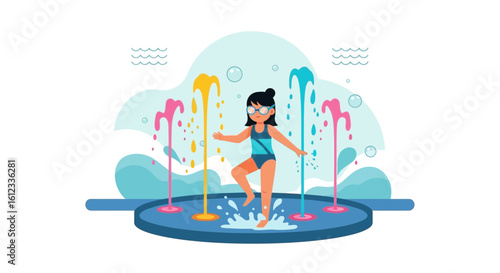 Girl Enjoying Colorful Fountain Water, Splashing and Summer Fun at Waterpark