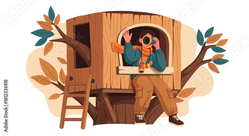 Girl Enjoying Nature In A Cozy Treehouse With Binoculars And Warm Clothes