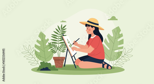 Girl Enjoying Painting Plants In Nature Creating An Artistic Expression