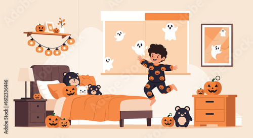 Happy Halloween Morning Boy Jumping From Bed In Decorated Room With Pumpkins