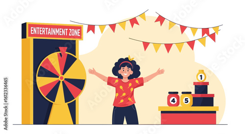 Excited Young Girl At An Entertainment Zone With Wheel And Carnival Games