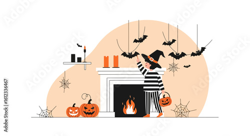 Happy Halloween Preparation At Home With Witch Costume And Decoration Elements