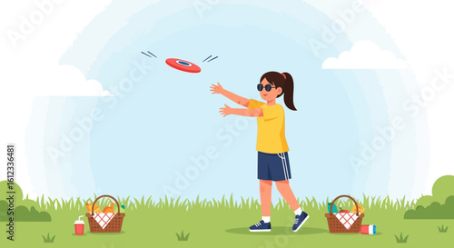 Girl Enjoying Picnic and Playing Frisbee in a Park on a Sunny Day