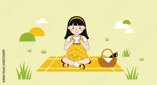 Girl Enjoying Picnic With Sandwich On Mat In Open Cartoonish Style
