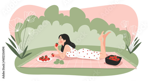 Girl Enjoying Strawberries At A Peaceful Picnic In The Garden Illustration