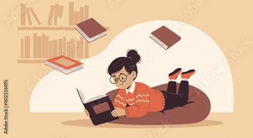 Girl Enjoying Reading On A Beanbag With Books Around Library Background