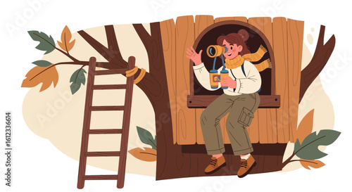 Girl Enjoys Leisure Time in a Rustic Treehouse with Binoculars Adventure