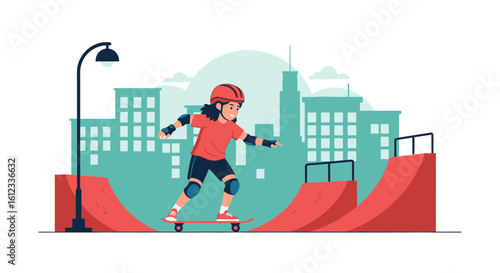 Girl enjoys skateboarding at the skate park with city skyline backdrop illustration