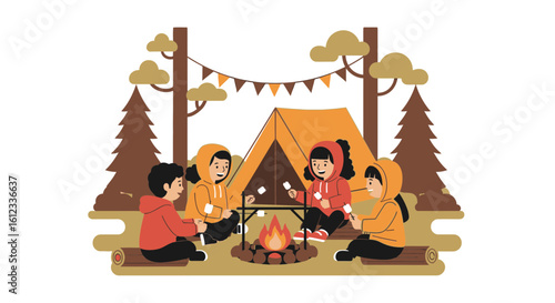 Happy Kids Enjoy Camping Adventure Near Tent With Marshmallows At Bonfire
