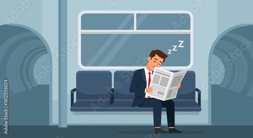 Exhausted Businessman Falls Asleep on Train Commute After Reading News