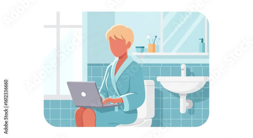 Woman working on laptop in bathroom - perfect for articles about work-life balance or remote work.