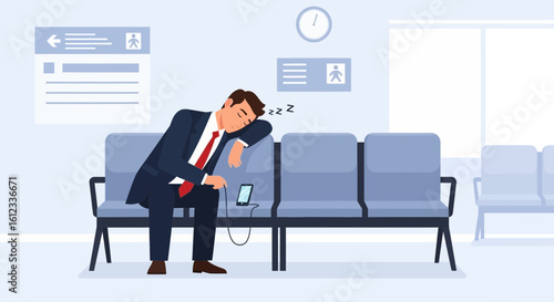 Exhausted Businessman Napping on Airport Chairs While Waiting Connection Flight