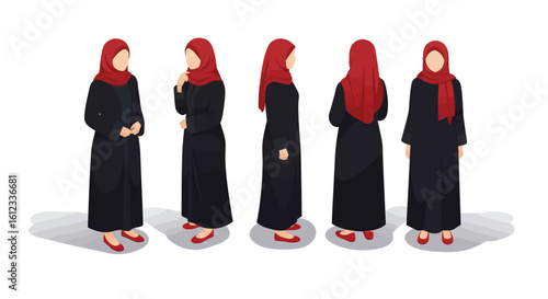 Elegant Muslim women in traditional abaya and hijab showcase diverse poses, embodying modesty and modern style for cultural representation and fashion content.