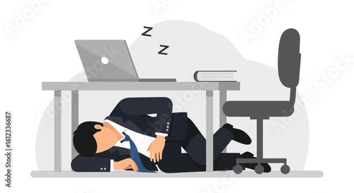Exhausted Businessman Taking An Urgent Nap Underneath His Office Desk