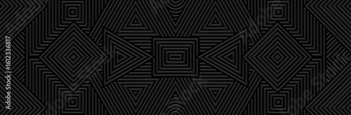 Banner, cover design, wallpaper, fresco. Ethnic abstract pattern on a black background. Geometric figures. 3D, embossing. Ornaments, arabesques, mandala of the East, Asia, India, Mexico, Aztecs, Peru.