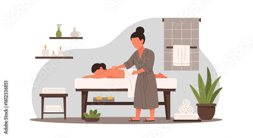 Spa treatment illustration: massage therapist giving a back massage to a client. Perfect for wellness brochures, websites, and social media.