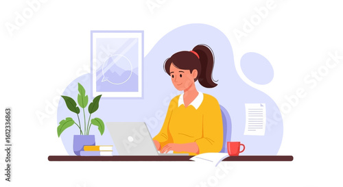 Young woman working on laptop at home office, perfect for blog posts about remote work or productivity.
