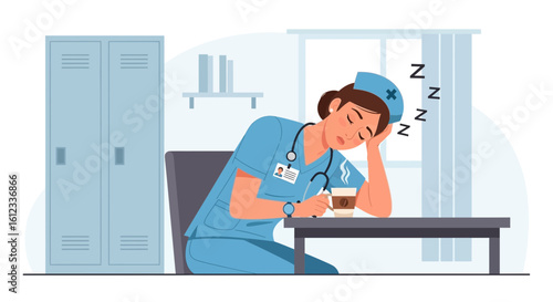 Exhausted nurse sleeps at her desk, showcasing the challenges and fatigue faced by healthcare professionals during long shifts