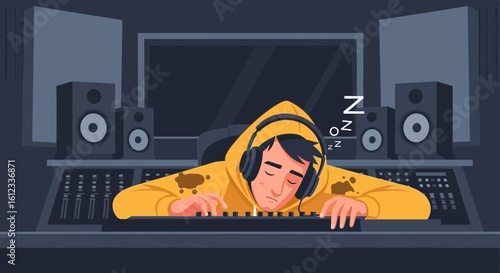Exhausted Music Producer Napping On His Keyboard In Sound Recording Studio