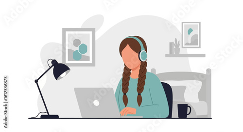 Young woman working from home on laptop, wearing headphones. Perfect for blog posts about remote work, online learning, or freelance lifestyle.