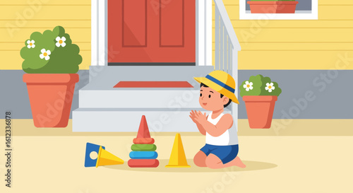 Happy Little Boy Playing With Colorful Toys Outdoors Near Home Entrance