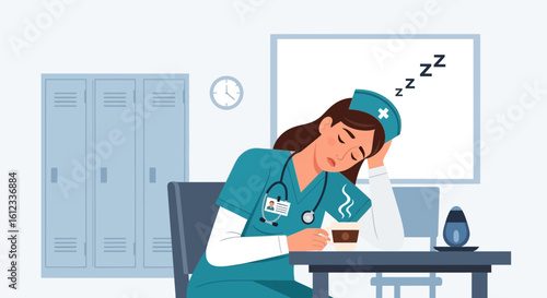 Exhausted Nurse Taking a Break and Napping With a Cup of Coffee