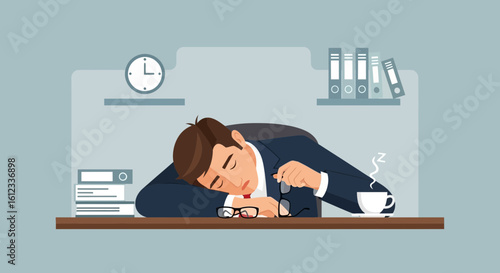 Exhausted Professional Sleeping at Desk After Long Overworking Hours
