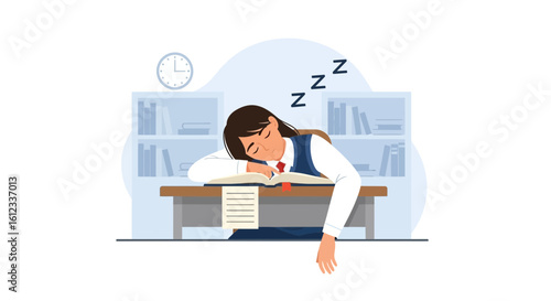 Exhausted Student Sleeping On A Book At The Table In The Library