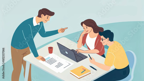 Teamwork, collaboration, and project discussion: Illustration perfect for business presentations, websites, and marketing materials.