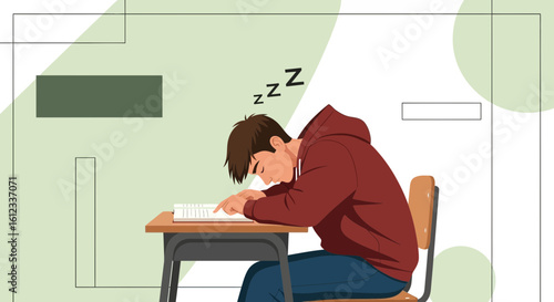 Exhausted Student Sleeping On Desk After Studying Hard On Examination Period