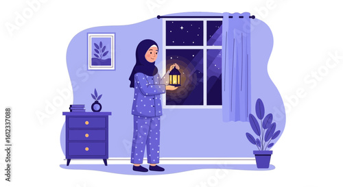 Girl In Pajamas Holding Lantern Looking At Stars At Night Time