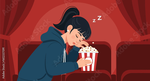 Exhausted Woman Sleeping During Movie With Bucket Of Popcorn On The Lap