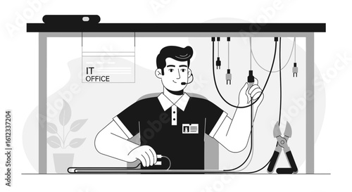 Expert Technicians Resolving Network Problems in Monochrome Information Technology Offices
