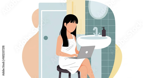 Woman working on laptop in bathroom, perfect for articles on work-life balance or remote work.