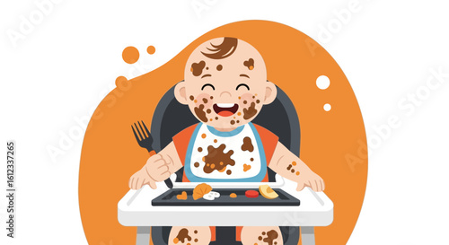 Happy Little Mess Maker Cartoon Illustration Of A Baby In A High Chair
